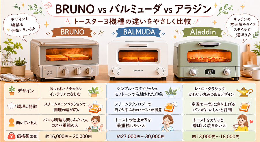 BRUNO・バルミューダ・アラジンを横並びで比較