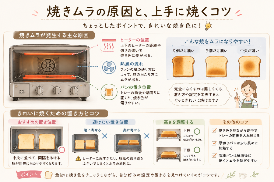 焼きムラや置き方のコツがわかるパン配置の図解